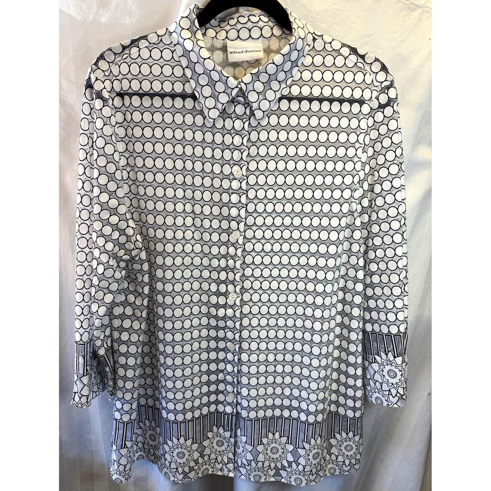 Alfred Dunner Women's L Black/White/Gray Polka Dot Collared 3/4 Sleeve Blouse